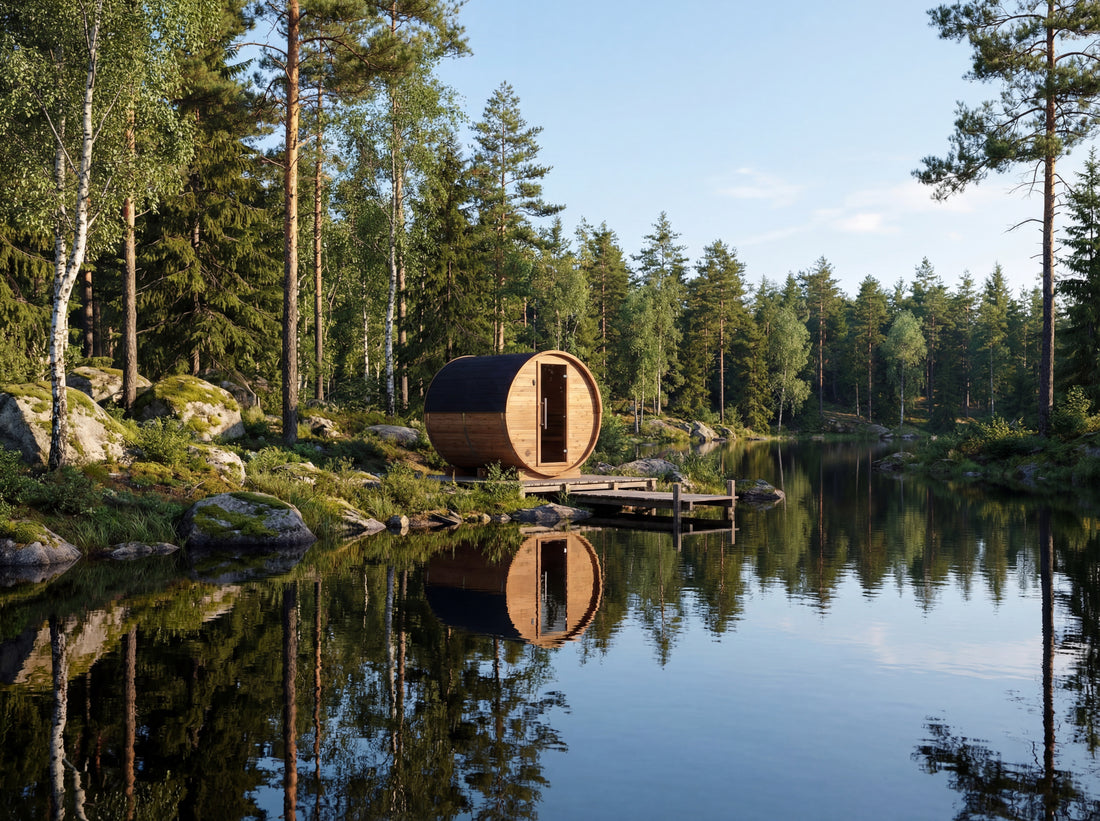 Auroom Halo barrel sauna by a Nordic lake surrounded by pine forest