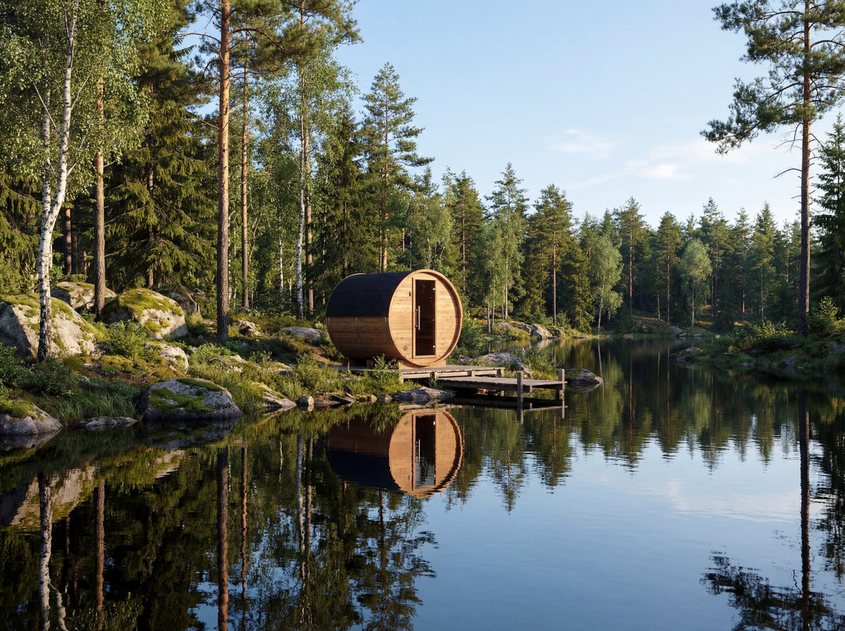 Auroom Halo barrel sauna by a Nordic lake surrounded by pine forest