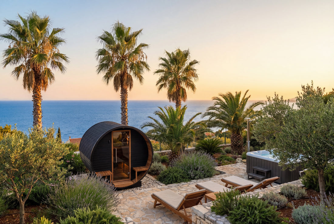 Auroom Luma barrel sauna on a Mediterranean terrace with palm trees at sunset
