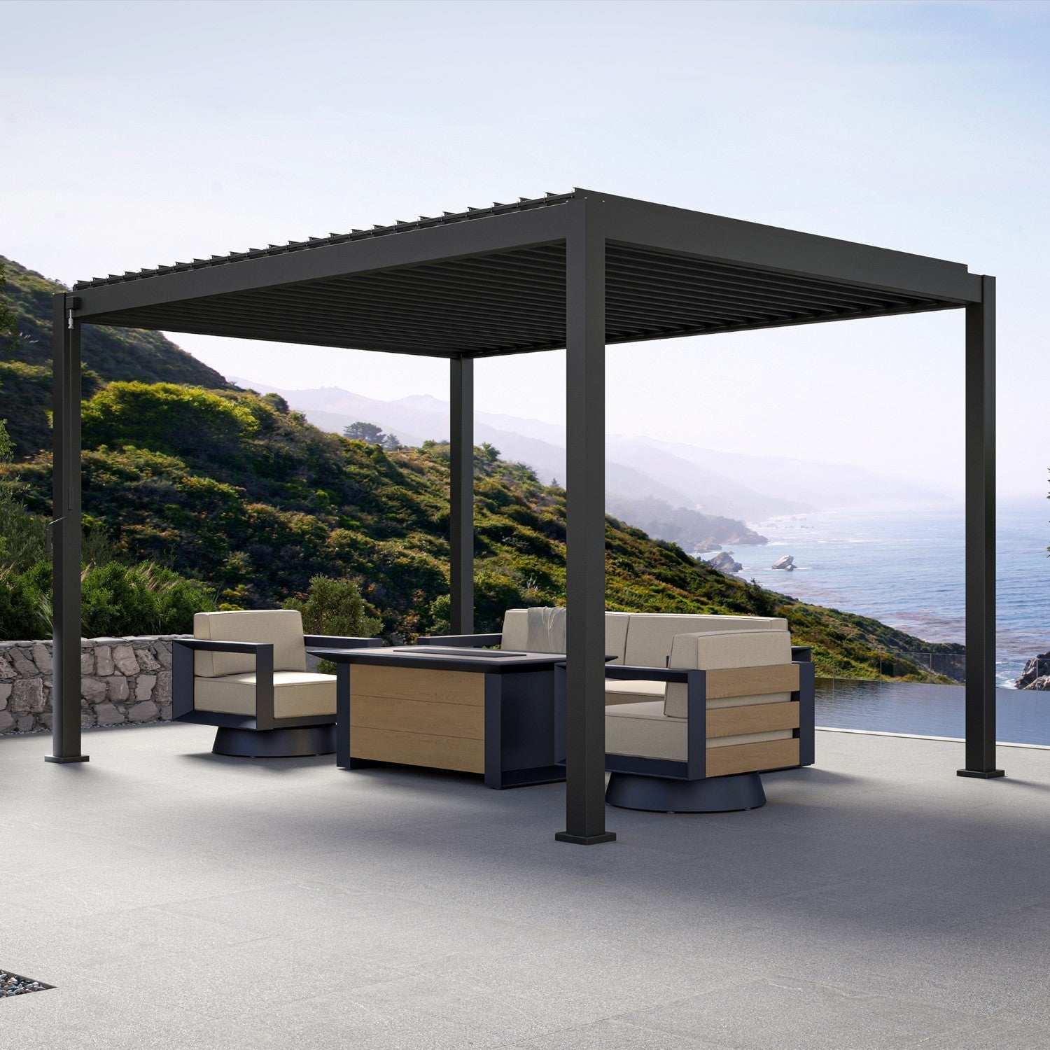 Aluminium louvre pergola in charcoal with outdoor lounge furniture