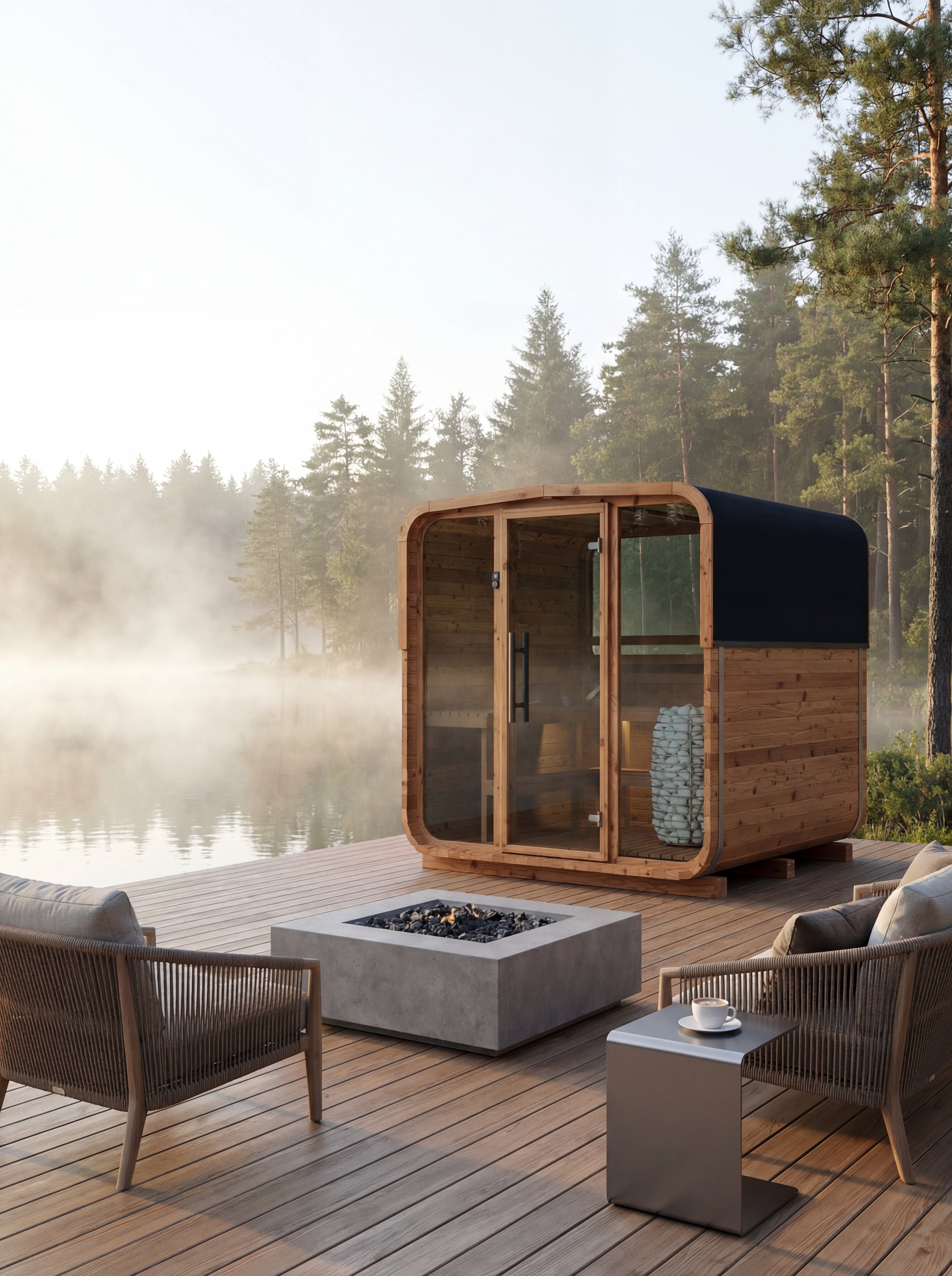 Electric sauna heater and accessories inside an outdoor barrel sauna