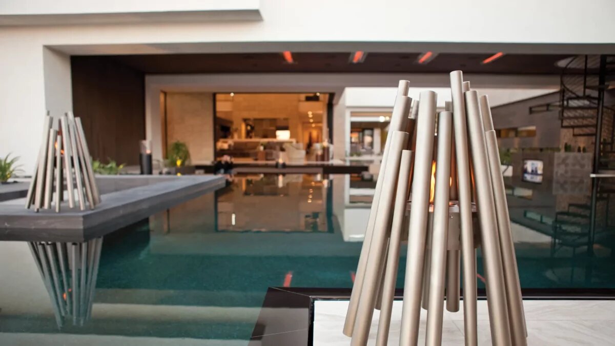 EcoSmart Fire architectural fire pit poolside