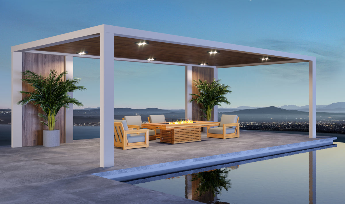 EcoSmart Fire Gin 90 Chat fire pit table installed in outdoor teak deck setting
