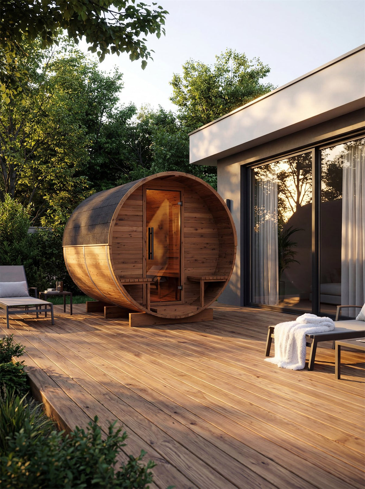 Auroom Luma barrel sauna, Natural Wood, on a terrace