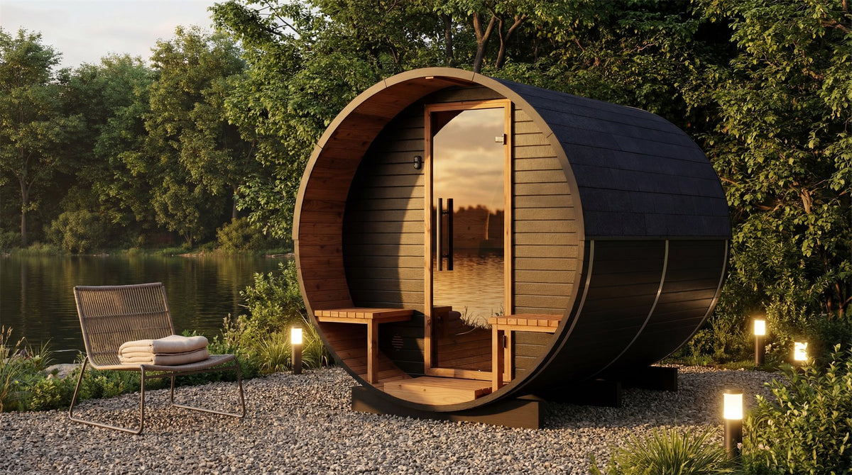 Auroom Luma barrel sauna, Brushed Black, by a lake