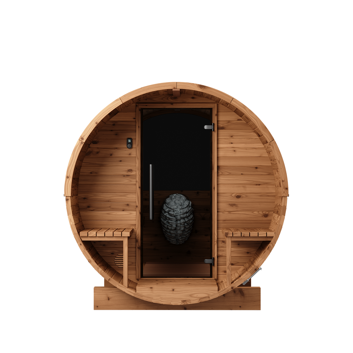 Auroom Luma front view — glass door and bench layout