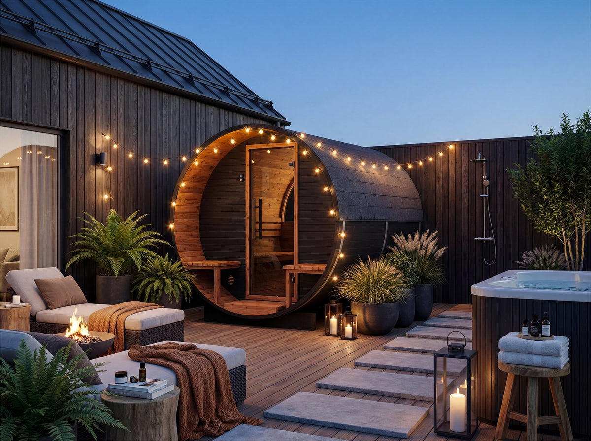 Auroom Luma barrel sauna in a garden setting