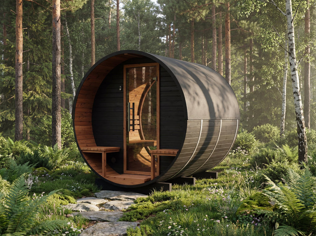 Auroom Luma barrel sauna in a forest setting