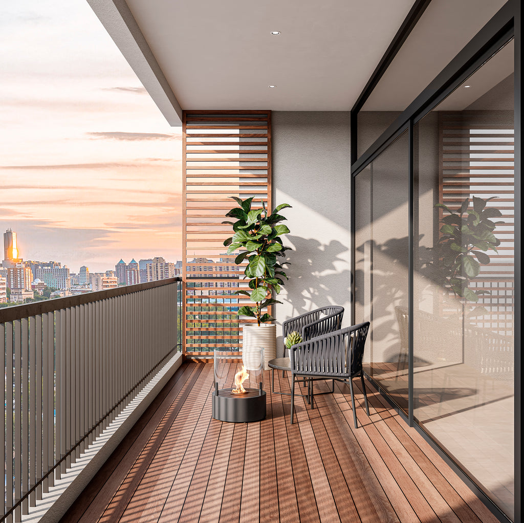 EcoSmart Fire T-Lite 8 black bioethanol fireplace on outdoor balcony terrace
