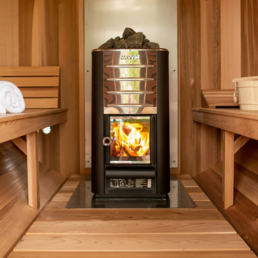 Harvia M3 Steel wood-burning sauna heater — graphite black cylindrical stove with glass door