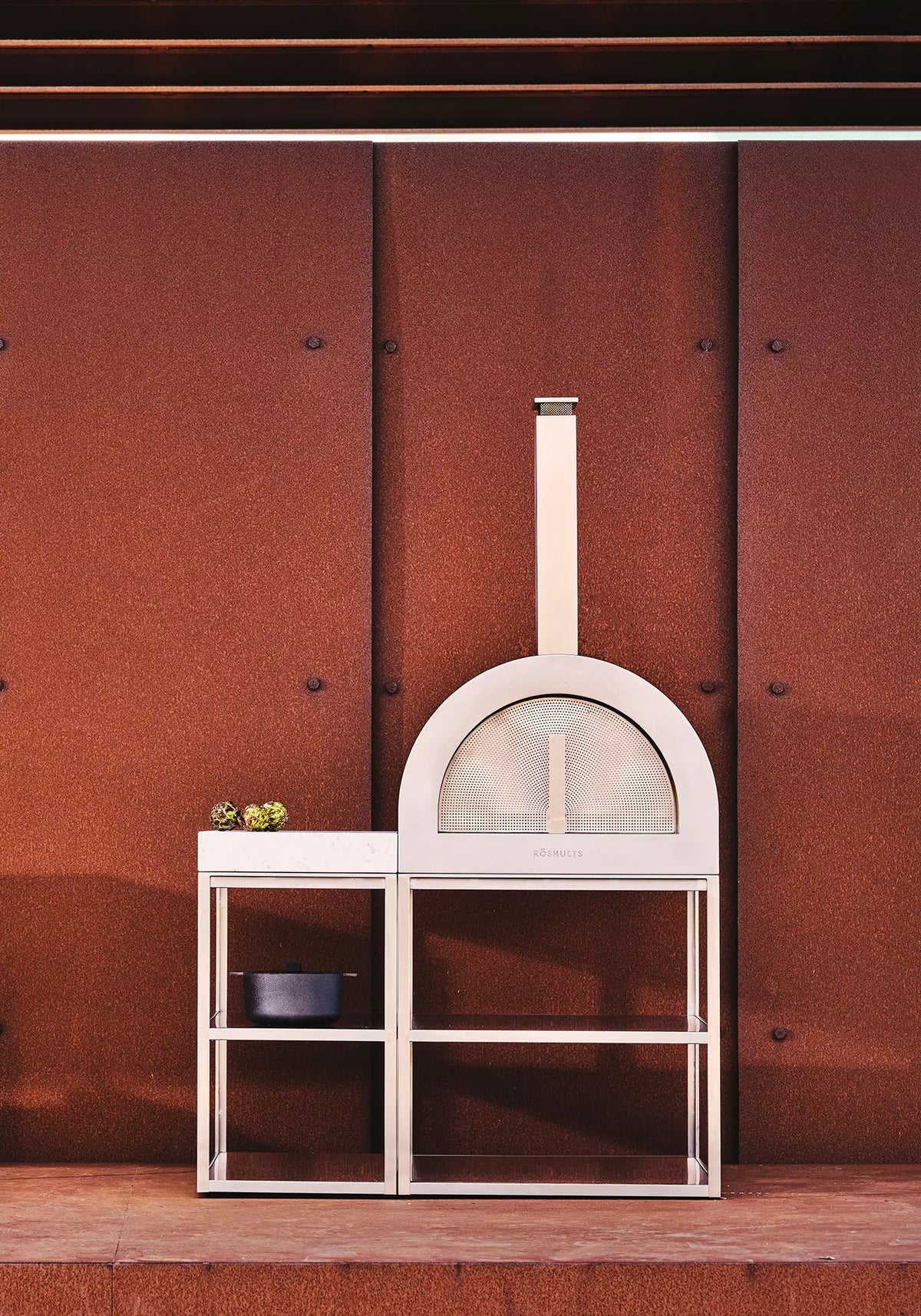 Röshults BBQ Wood Oven — Stainless Steel with marble sideboard