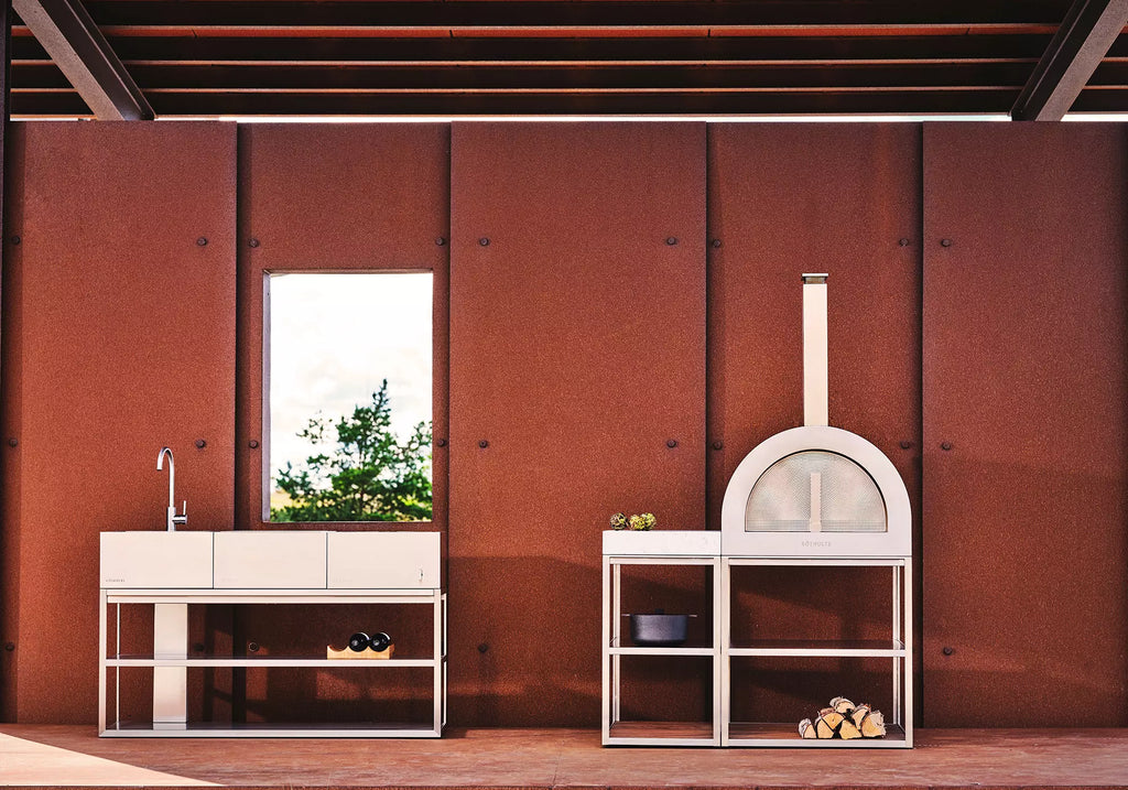 Röshults BBQ Wood Oven — Stainless Steel oven and sideboard, catalog image