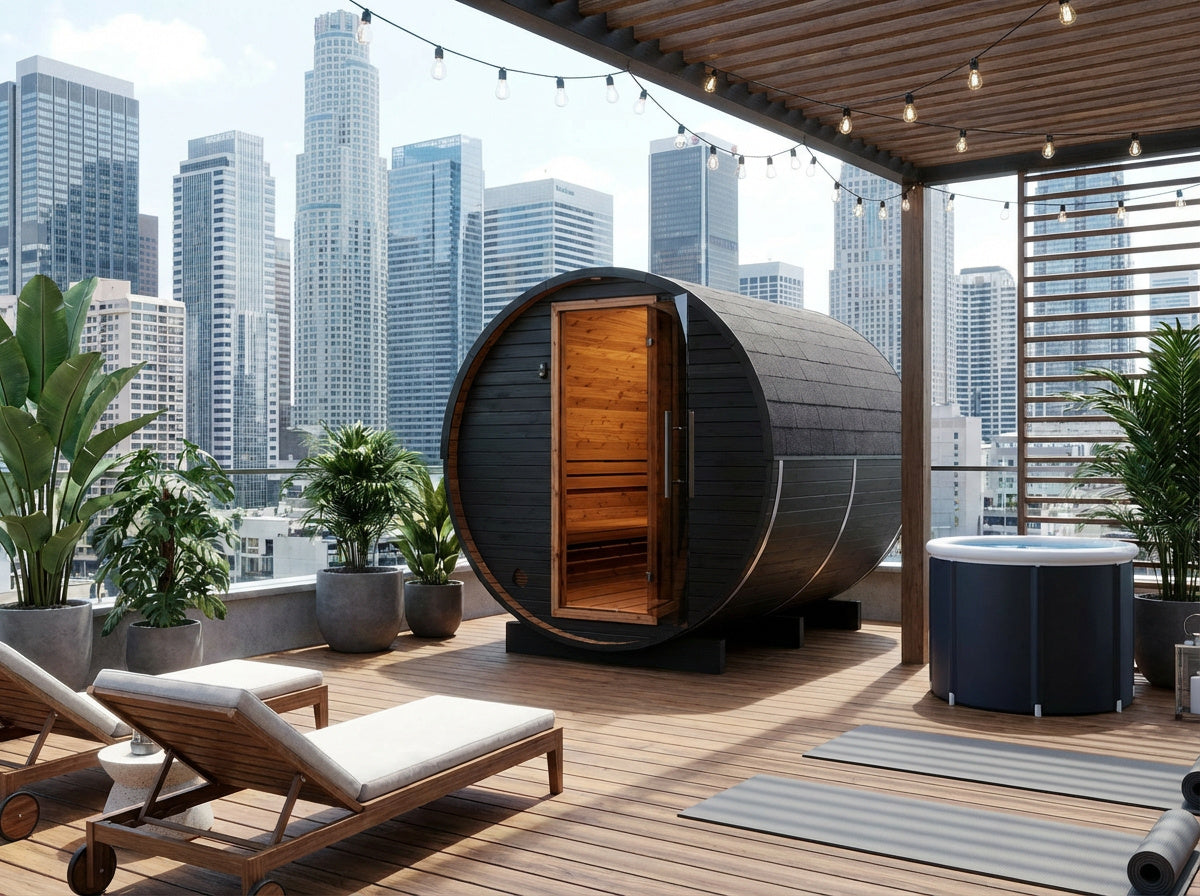 Auroom Halo Comfy barrel sauna, Brushed Black, urban courtyard setting