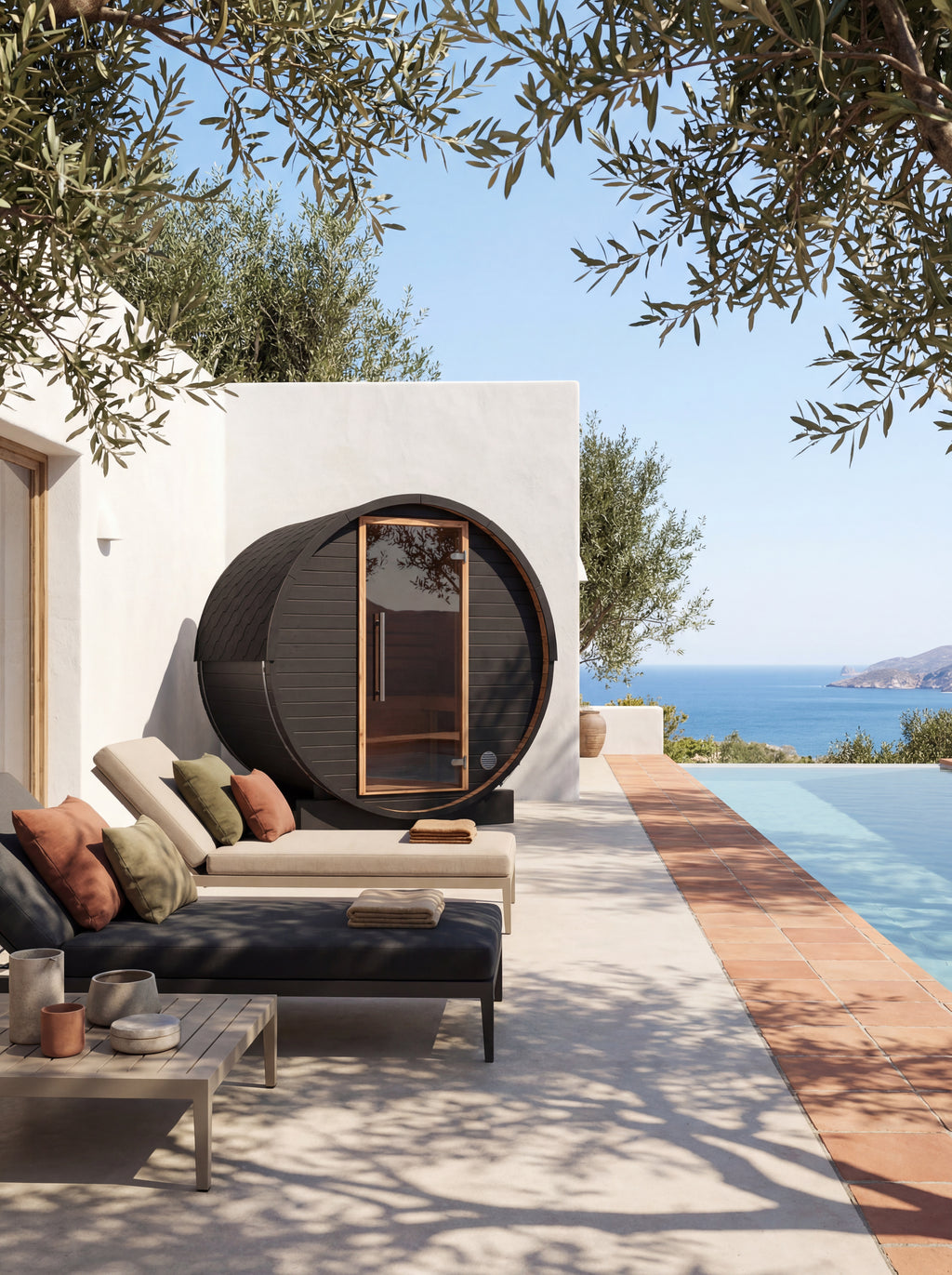 Auroom Halo Cosy 120 barrel sauna on a Spanish terrace