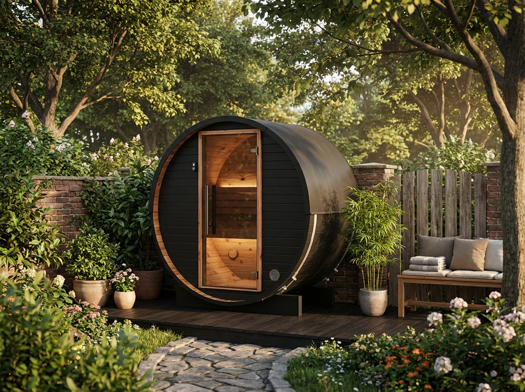 Auroom Halo Cosy 120 barrel sauna in a town garden, alternate angle