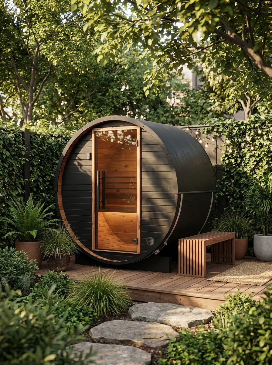 Auroom Halo Cosy 120 barrel sauna in a town garden