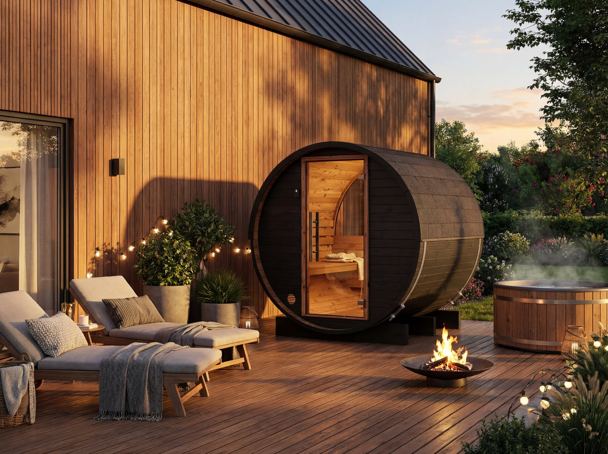 Auroom Halo Cosy barrel sauna, Brushed Black, exterior view