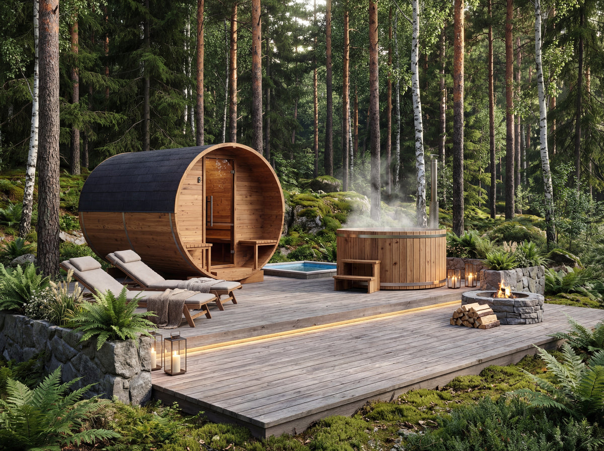 Auroom Luma Comfy barrel sauna in a forest wellness setting