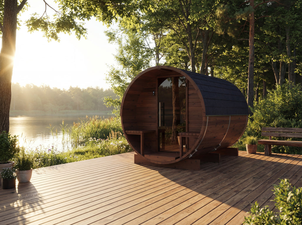 Auroom Luma Cosy 225 barrel sauna, outdoor lifestyle setting