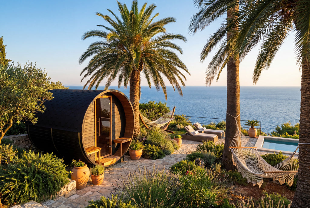 Auroom Luma barrel sauna on a Croatian terrace