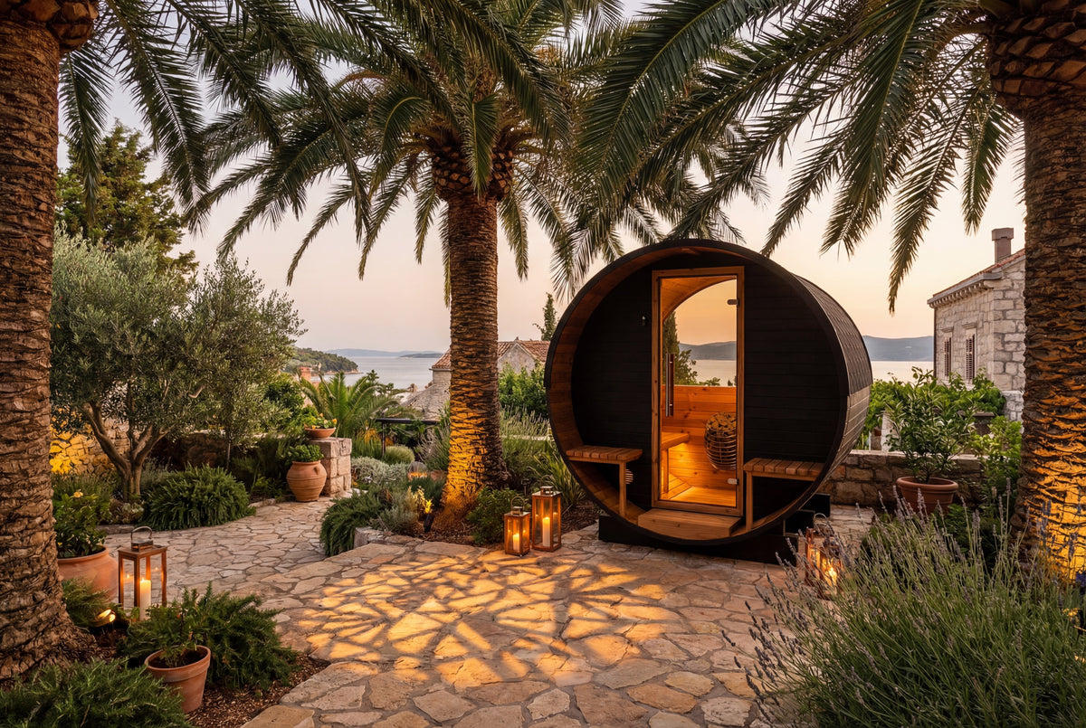 Auroom Luma barrel sauna on a Croatian terrace, alternate angle
