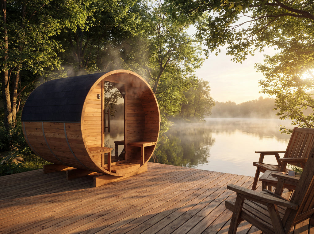 Auroom Luma barrel sauna in an outdoor lifestyle setting
