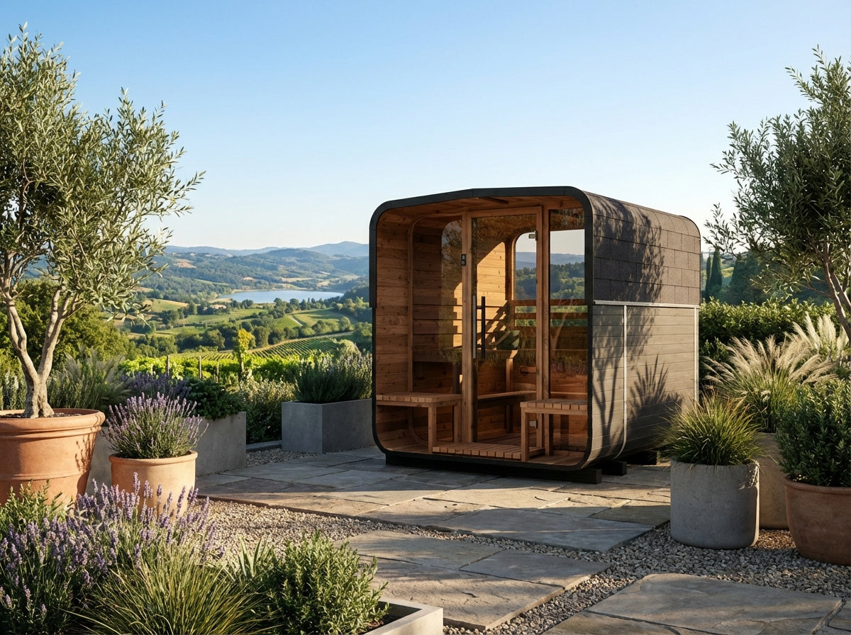 Auroom Nora 250 outdoor barrel sauna garden terrace lifestyle