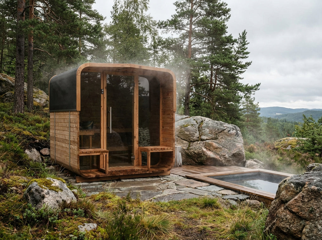 Auroom Nora 210 outdoor barrel sauna Norwegian lake landscape