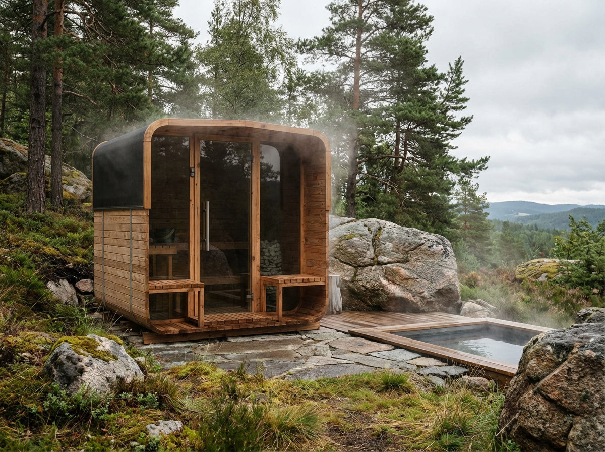 Auroom Nora 210 outdoor barrel sauna Norwegian lake landscape