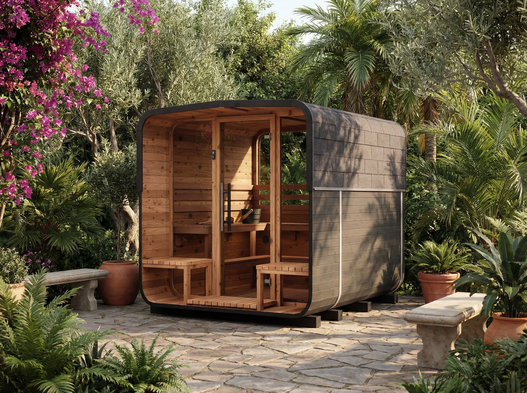 Auroom Nora 210 outdoor barrel sauna sun-drenched lifestyle