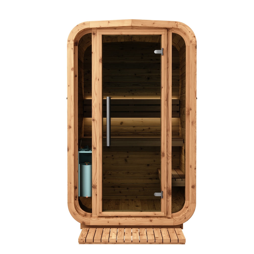 Auroom Sola 140 barrel sauna, Natural Wood, front exterior