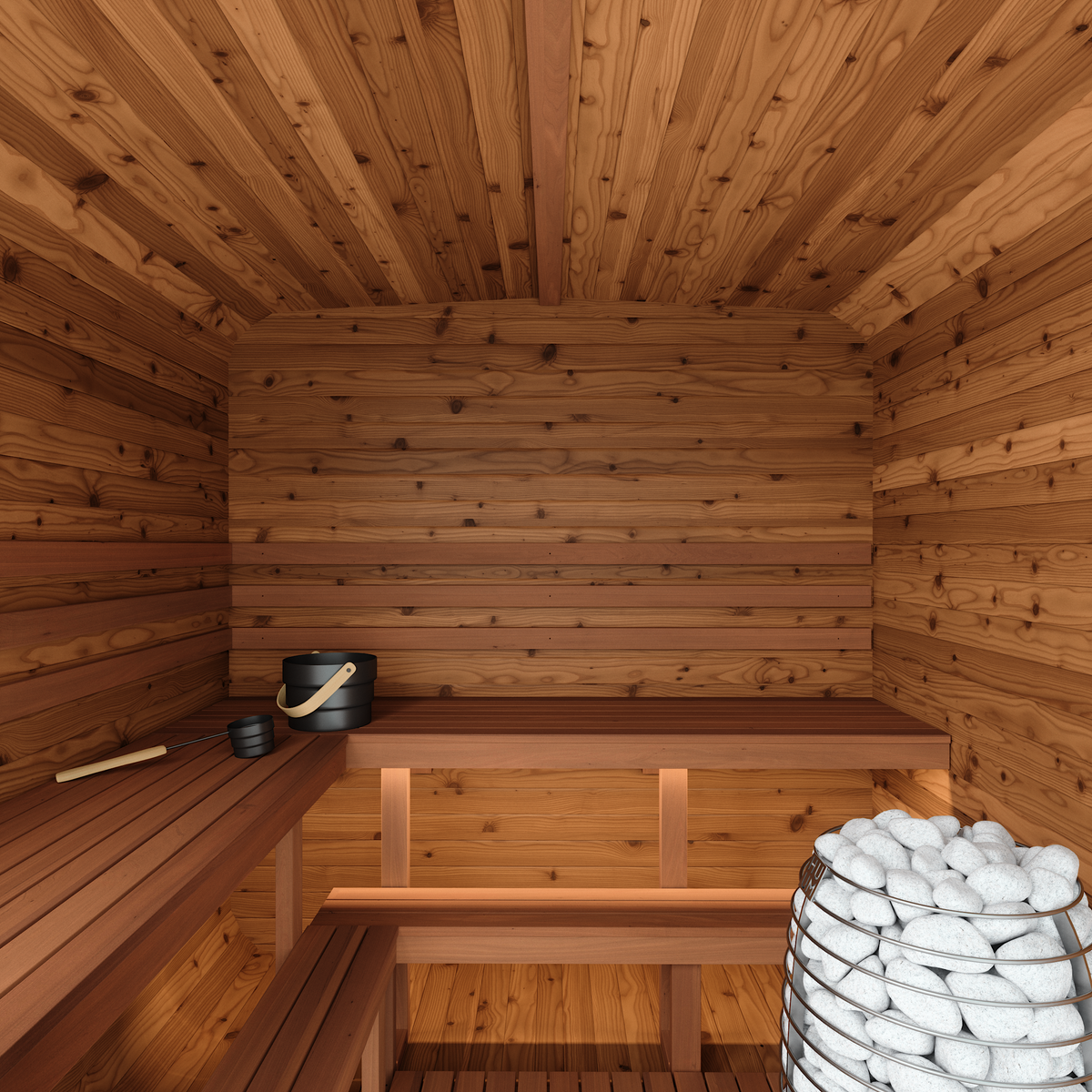 Auroom Sola 210 interior, thermo-aspen benches and tempered glass front walls