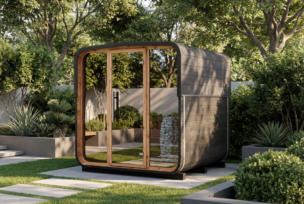 Auroom Sola 210 barrel sauna with mirrored glass front, garden lifestyle detail