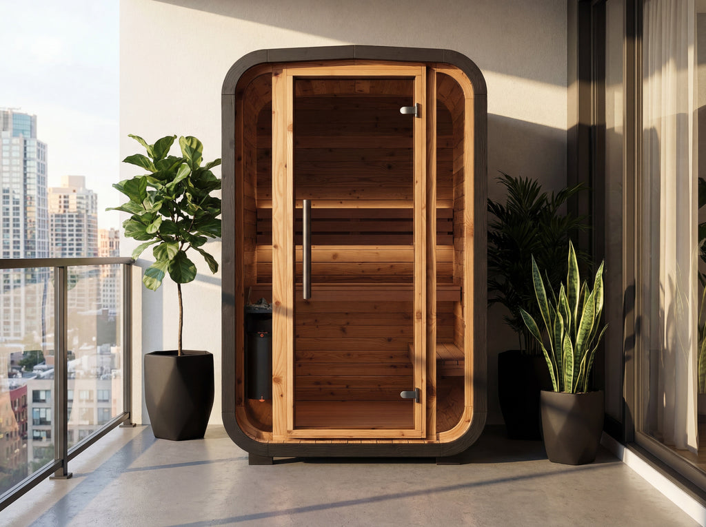 Auroom Sola barrel sauna, balcony lifestyle