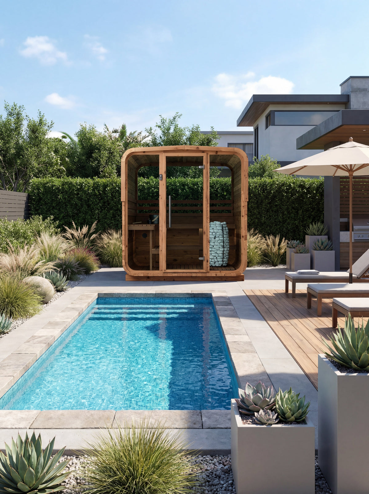 Auroom Sola barrel sauna, poolside lifestyle