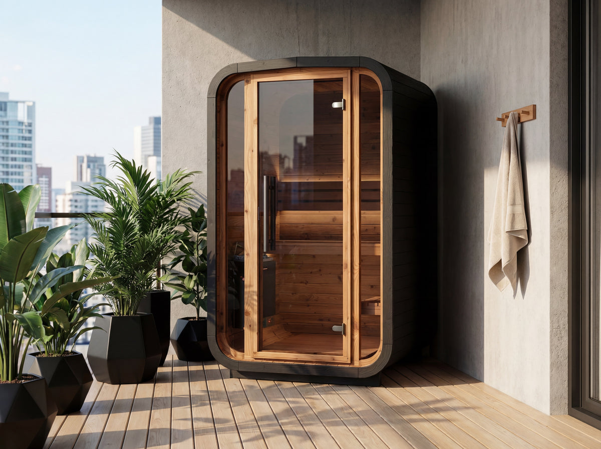 Auroom Sola barrel sauna on a terrace
