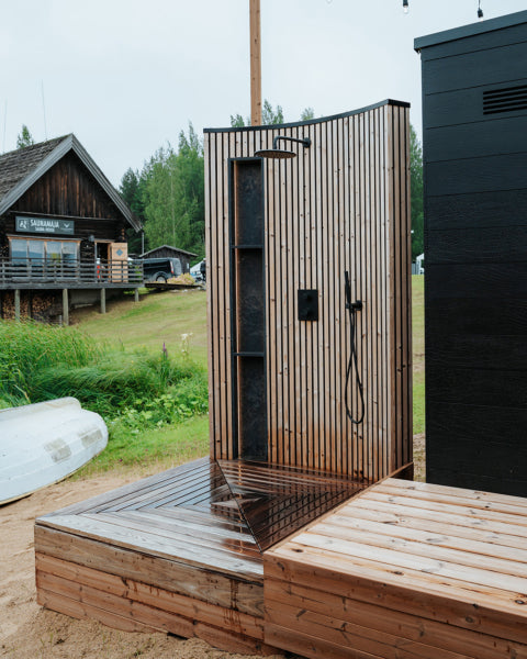 Auroom VelAqua outdoor shower profile view thermory cladding premium finish