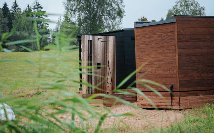 Auroom VelAqua shower terrace lifestyle warm afternoon light