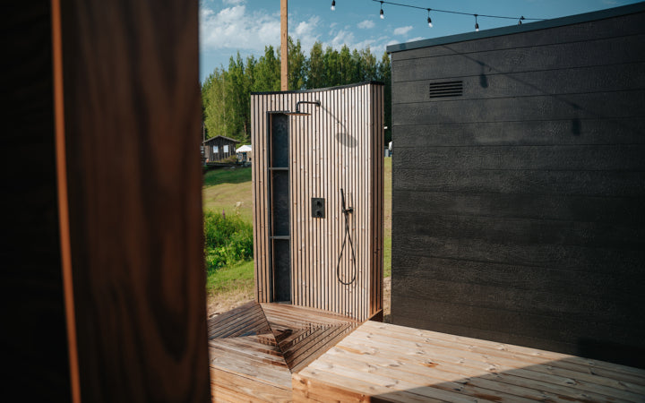 Auroom VelAqua outdoor shower detail view material finish close up