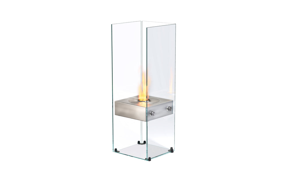 EcoSmart Fire Ghost designer fireplace in stainless steel finish — 45° studio angle
