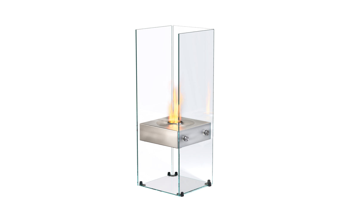 EcoSmart Fire Ghost designer fireplace in stainless steel finish — 45° studio angle