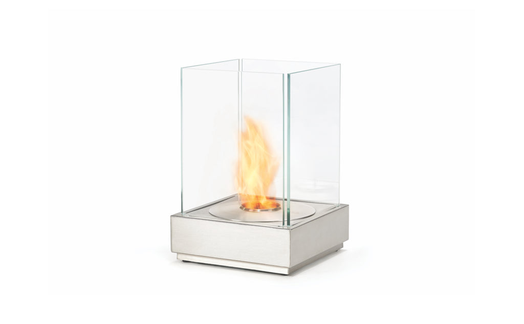 EcoSmart Fire Mini T portable bioethanol fire pit in stainless steel — 45° studio angle