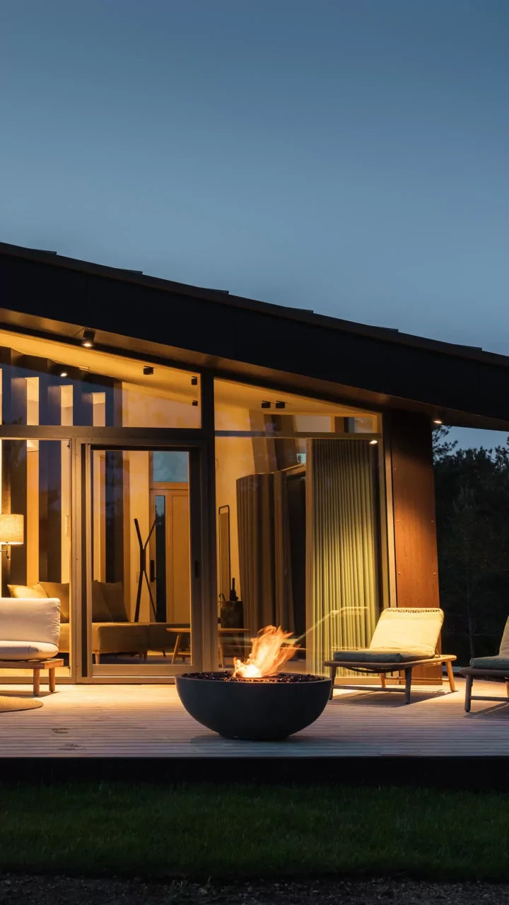 EcoSmart Fire Mix 850 large circular concrete fire bowl Dharma Resort outdoor patio glass wall