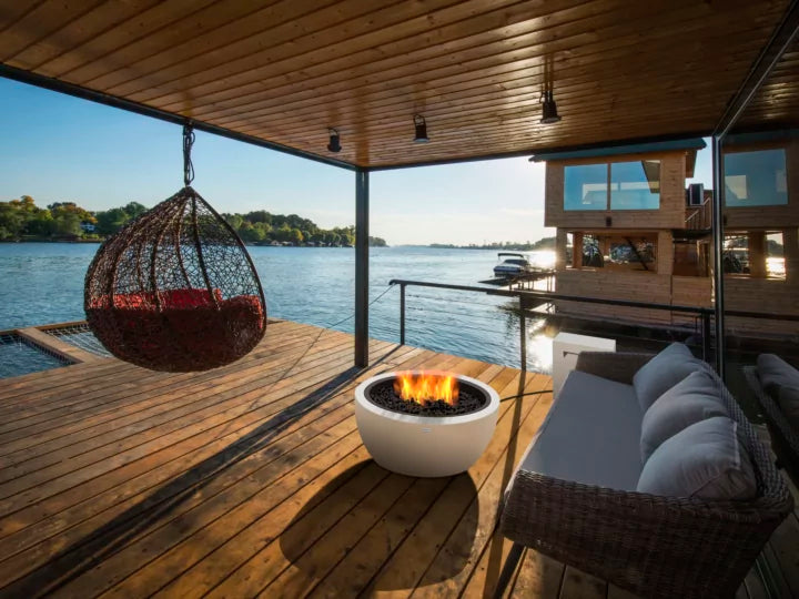 EcoSmart Fire Pod 30 concrete fire pit bowl waterfront dock outdoor setting