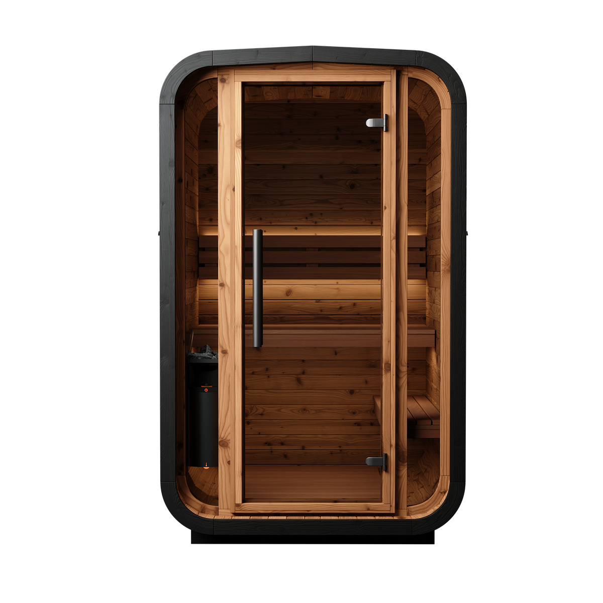Auroom Sola 140 barrel sauna, Brushed Black finish, front exterior