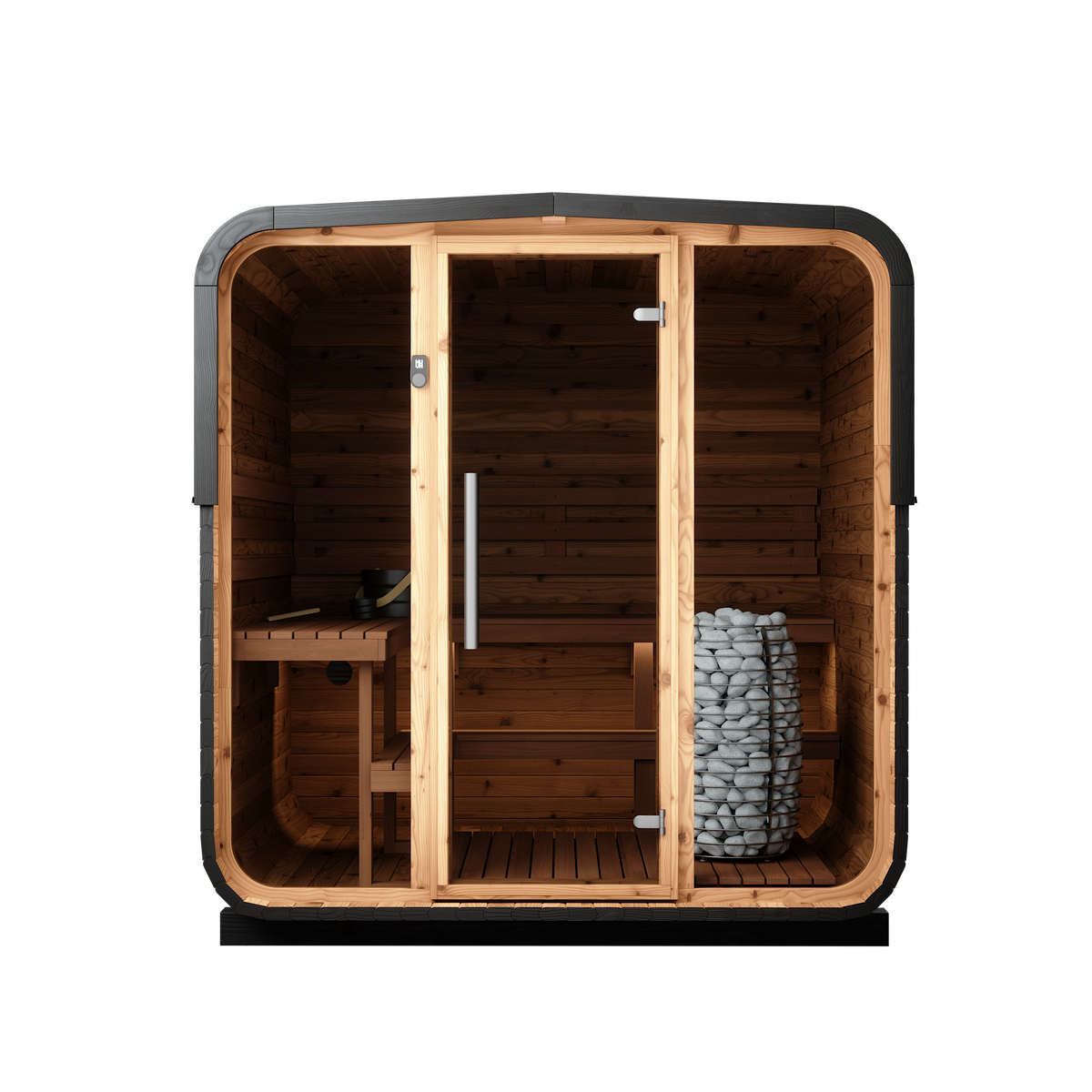Auroom Sola 210 barrel sauna, Brushed Black finish, front exterior