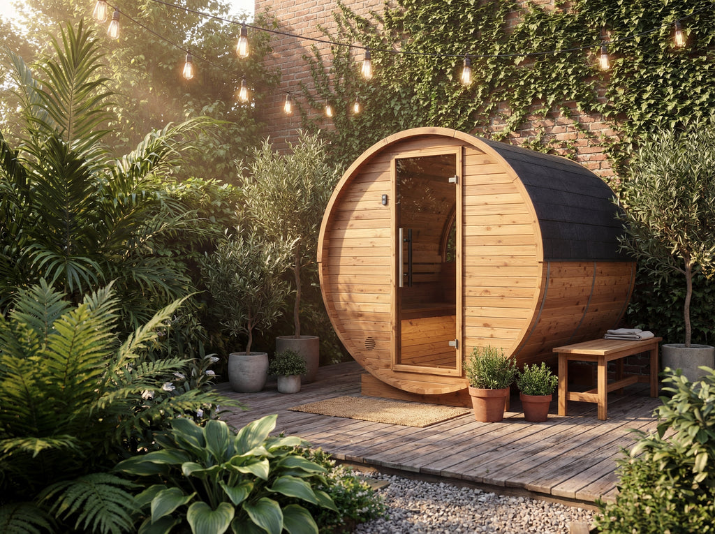 Auroom Halo Comfy barrel sauna, Natural Wood, garden render at dusk with string lights