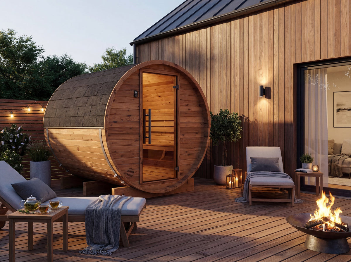 Auroom Halo barrel sauna on terrace — outdoor lifestyle