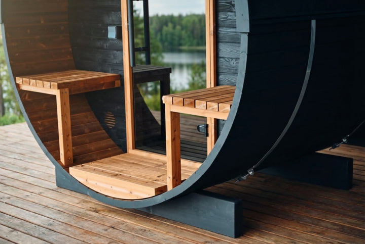 Auroom Luma barrel sauna terrace porch area exterior bench outdoor