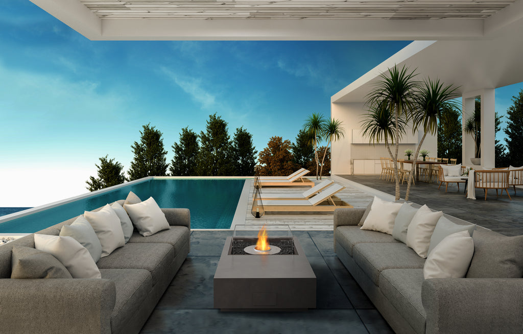 EcoSmart Fire Manhattan 50 fire table installed poolside — outdoor lifestyle